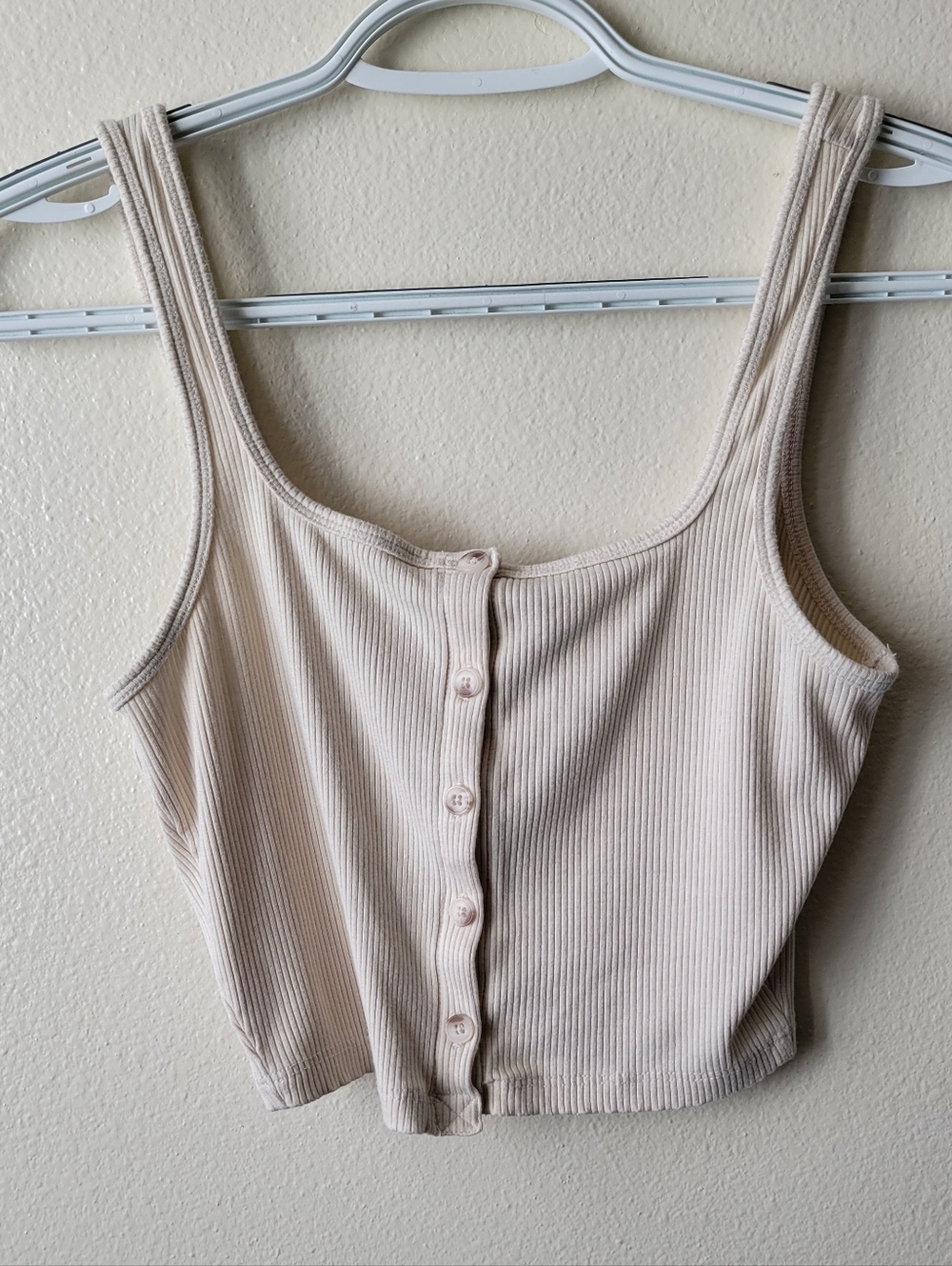 Billabong Beige White Ribbed Button Front Cropped Tank Top Linen Look Size Small